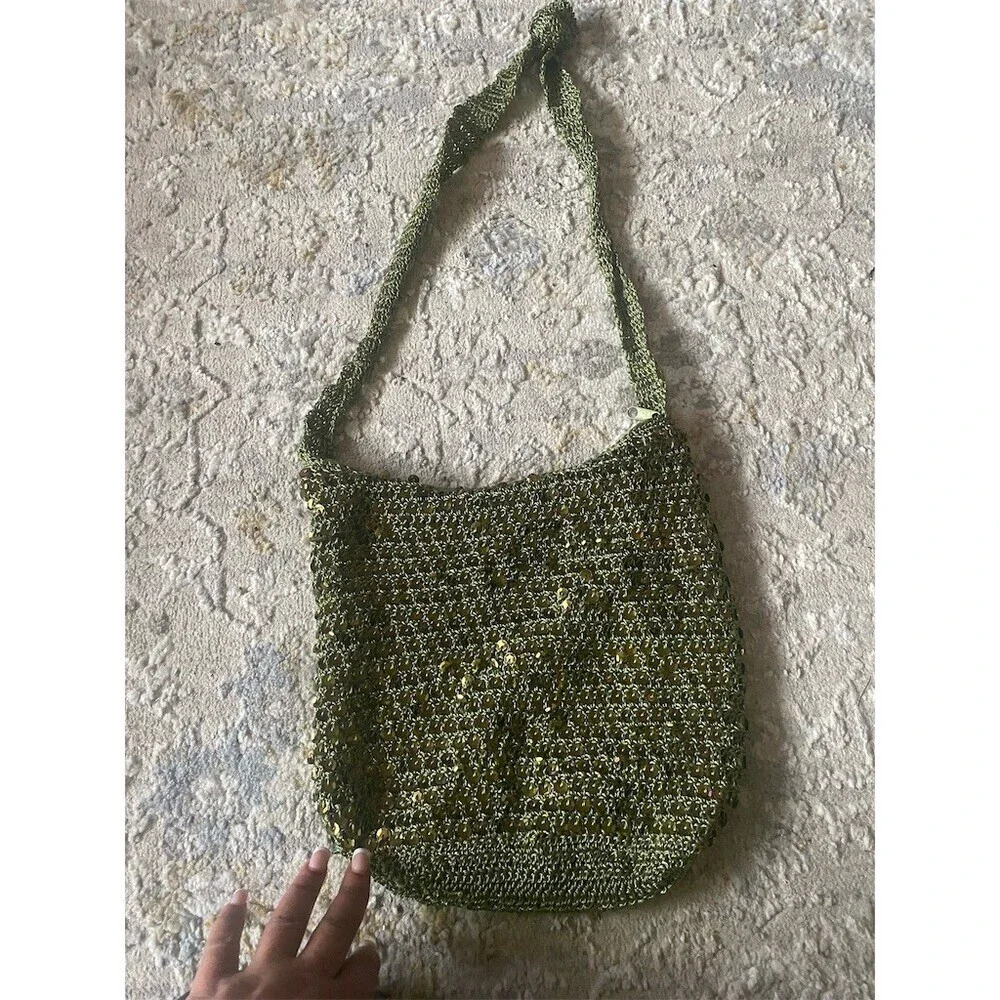 Chateau Hobo Shoulder Bag Womens Olive Green Crochet Knit Sequin Boho